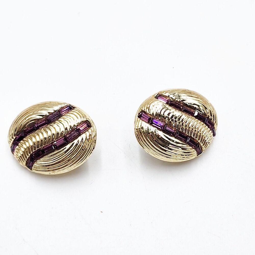 Vintage CORO Clip On Earrings Purple Baguette Rhinestones Oval Earrings